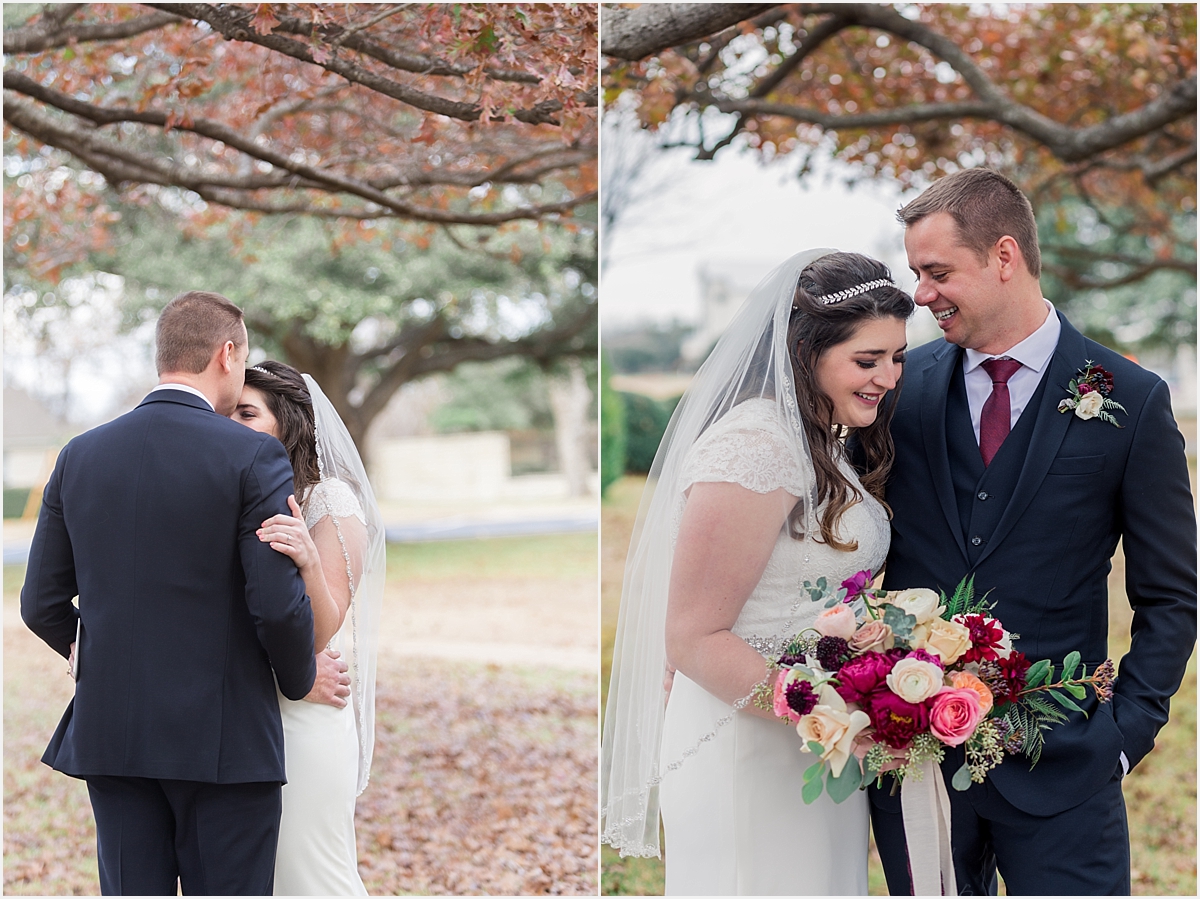 At this beautiful Austin winter wedding, Jared stood waiting on the side of the chapel, under a tree. Lisa, about 10 paces behind him, took a deep breath.