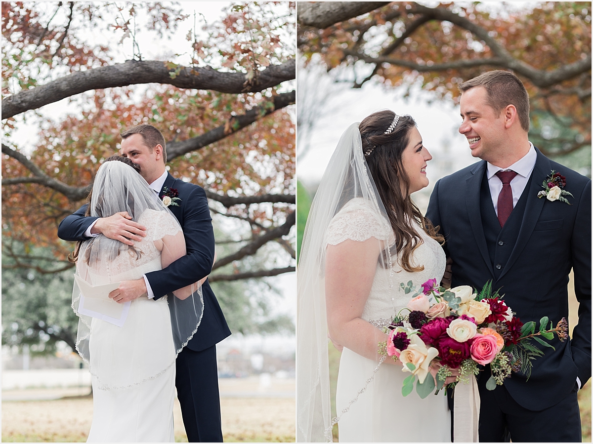 At this beautiful Austin winter wedding, Jared stood waiting on the side of the chapel, under a tree. Lisa, about 10 paces behind him, took a deep breath.