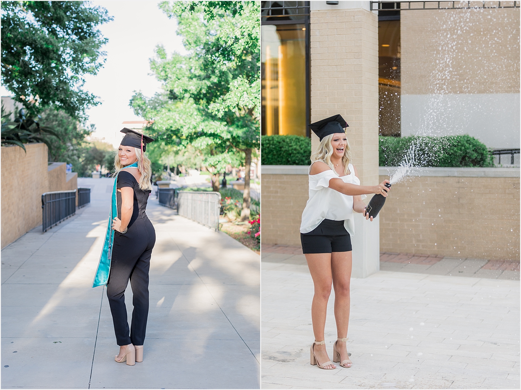 Texas State University Senior Portrait Session 2018 Graduate Champagne Pop Cap Gown