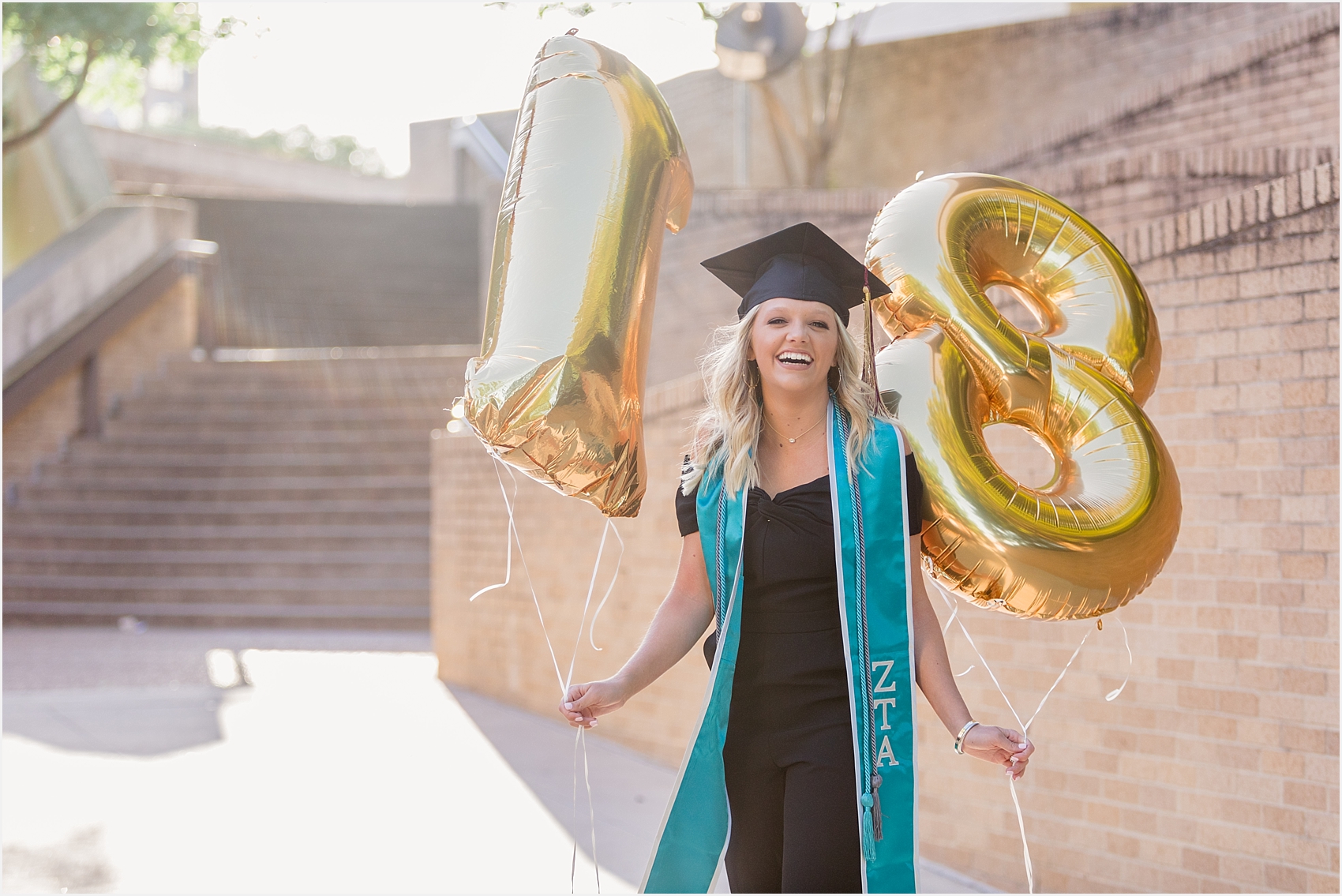 Texas State University Senior Portrait Session 2018 Graduate Zeta Tau Alpha Cap Gown Balloons