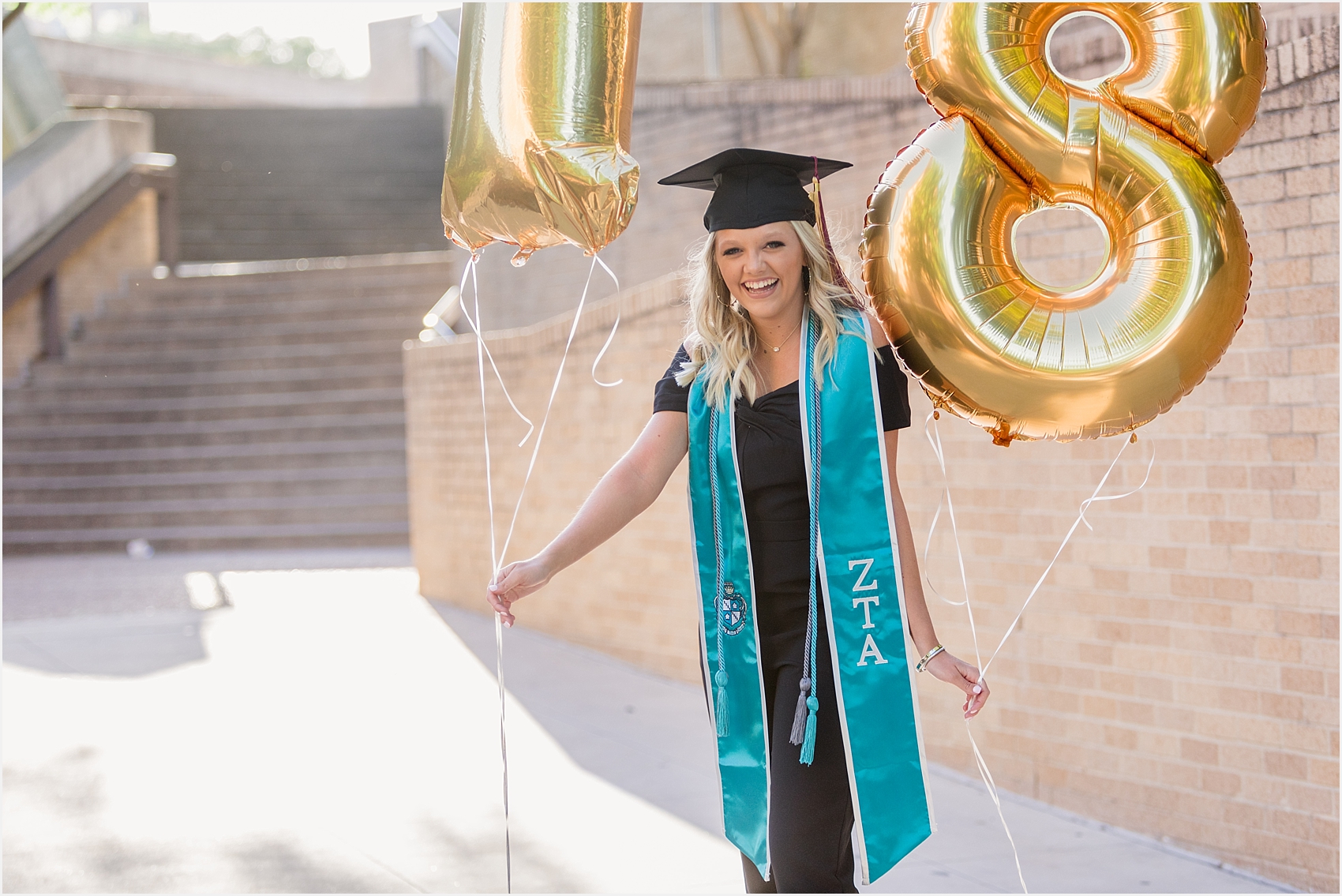 Texas State University Senior Portrait Session 2018 Graduate Zeta Tau Alpha Cap Gown Balloons