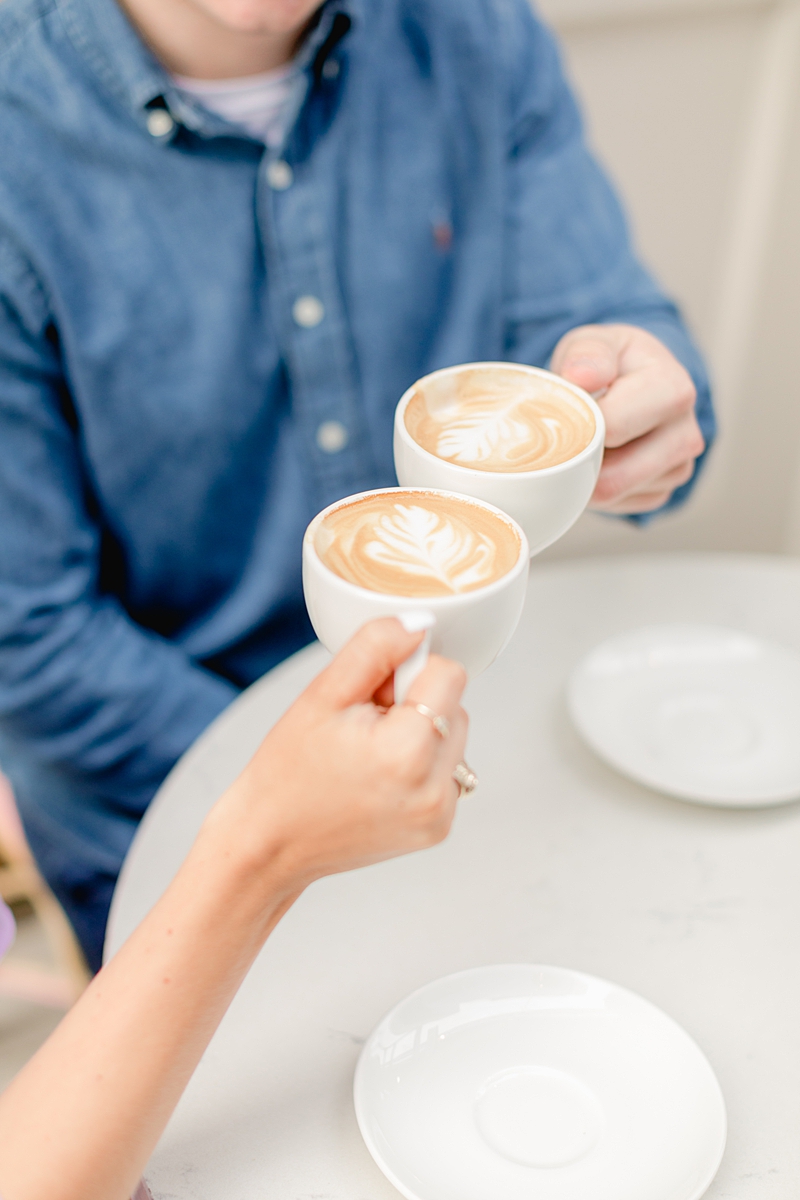 Le Politique latte cheers! This downtown ATX engagement session has a total city feel! We headed to a cute coffee shop & walked across the Congress bridge to get that Austin skyline!