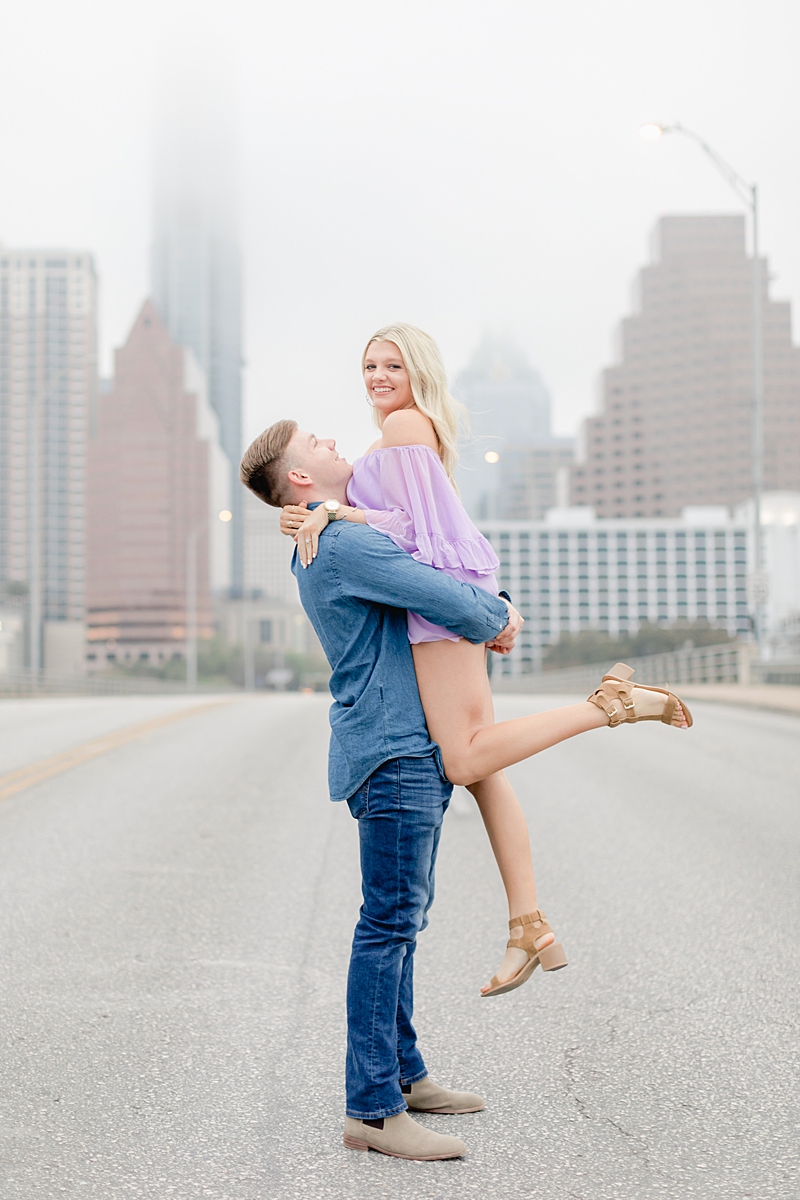 THAT LIFT! This downtown ATX engagement session has a total city feel! We headed to a cute coffee shop & walked across the Congress bridge to get that Austin skyline!