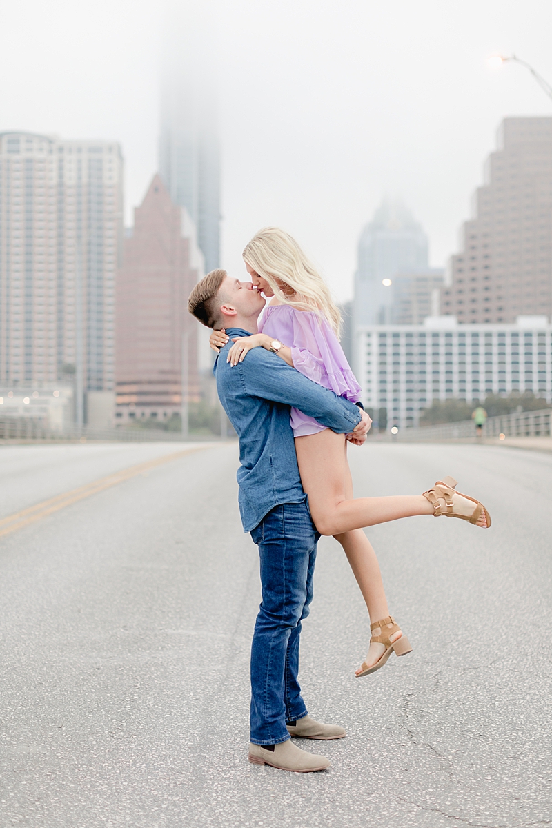 THAT LIFT! This downtown ATX engagement session has a total city feel! We headed to a cute coffee shop & walked across the Congress bridge to get that Austin skyline!