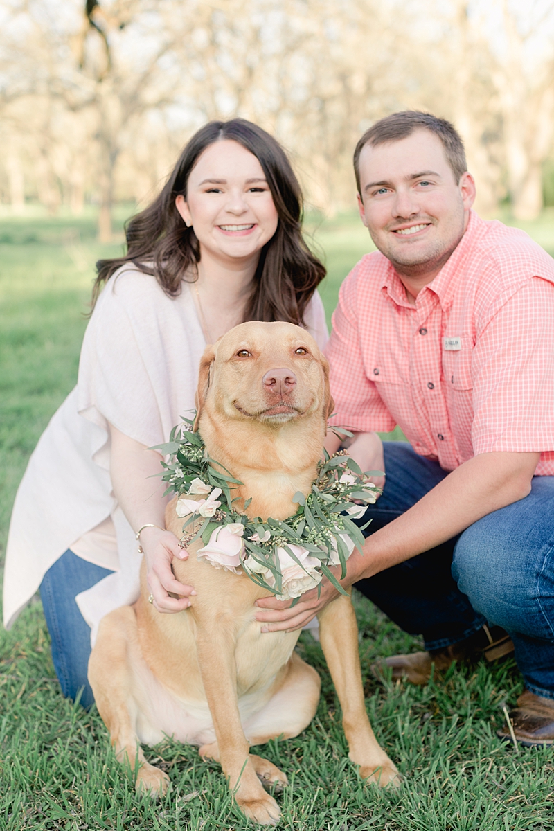 YES you can bring your pup to your session! I love Molly's flower collar! Chelsea &amp; Drew's engagement session at The Waters Point was so dreamy! Outfit Inspiration for sure!