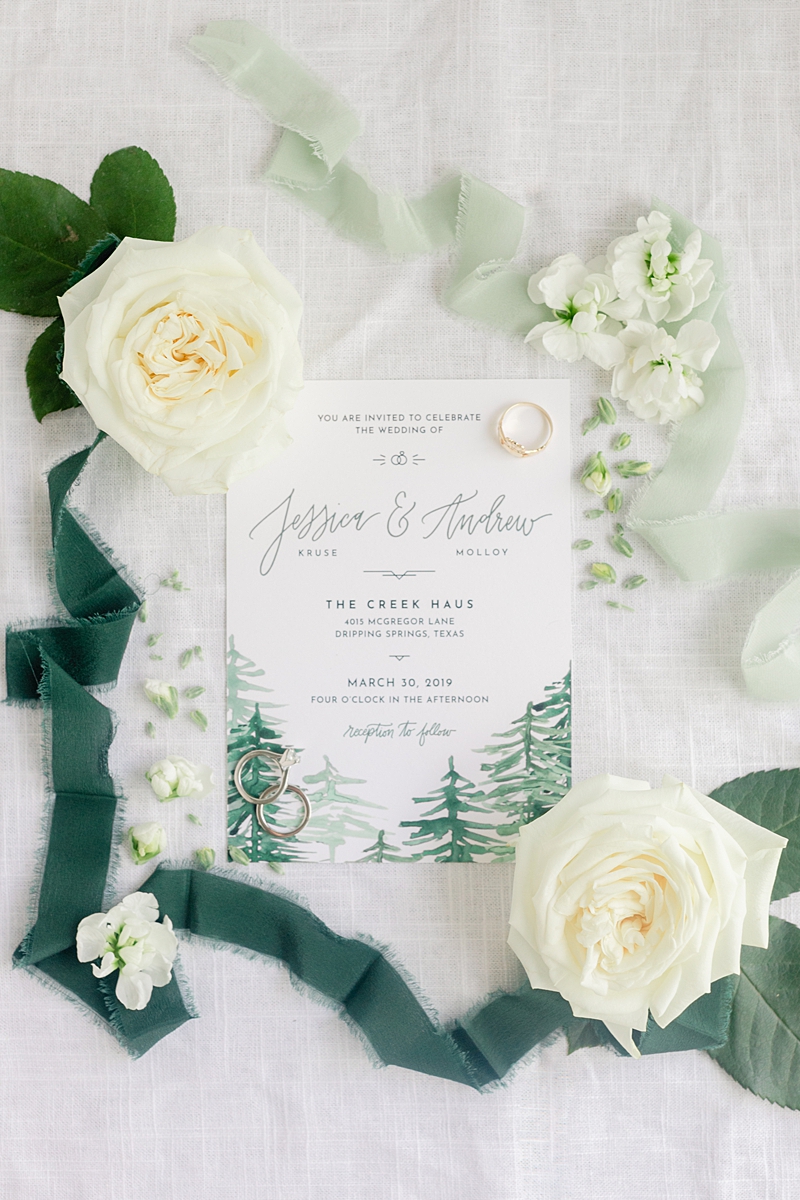 Green and white water-colored invitation suite! So many handpicked, thoughtful details here in and around the barn at The Creek Haus. Click through to see the most perfect wedding day!