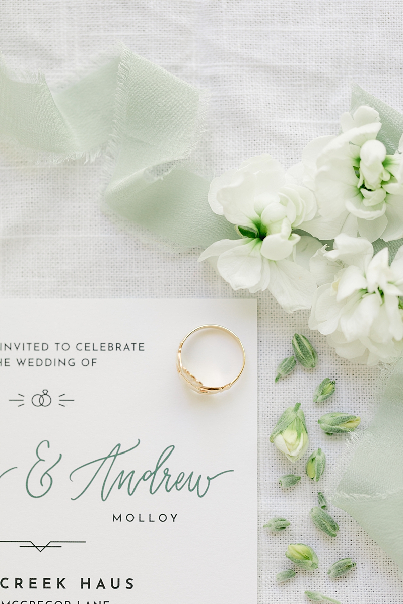 Green and white water-colored invitation suite! So many handpicked, thoughtful details here in and around the barn at The Creek Haus. Click through to see the most perfect wedding day!