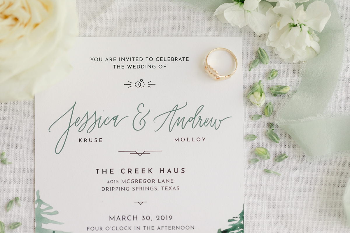 Green and white water-colored invitation suite! So many handpicked, thoughtful details here in and around the barn at The Creek Haus. Click through to see the most perfect wedding day!